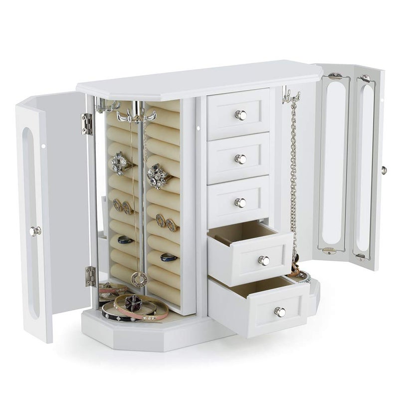 RR ROUND RICH DESIGN Jewelry Box - Made of Solid Wood with Cabinet Type 5 Drawers Organizer and 2 Separated Open Doors on 2 Sides and Large Mirror White - Image 2